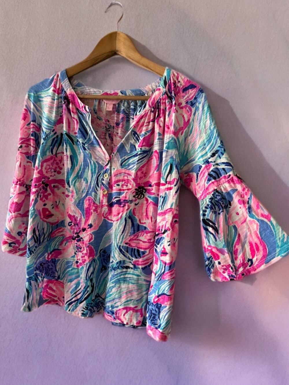 Lilly Pulitzer S Bell Sleeve Floral Popover Top Pink Blue 100% Cotton